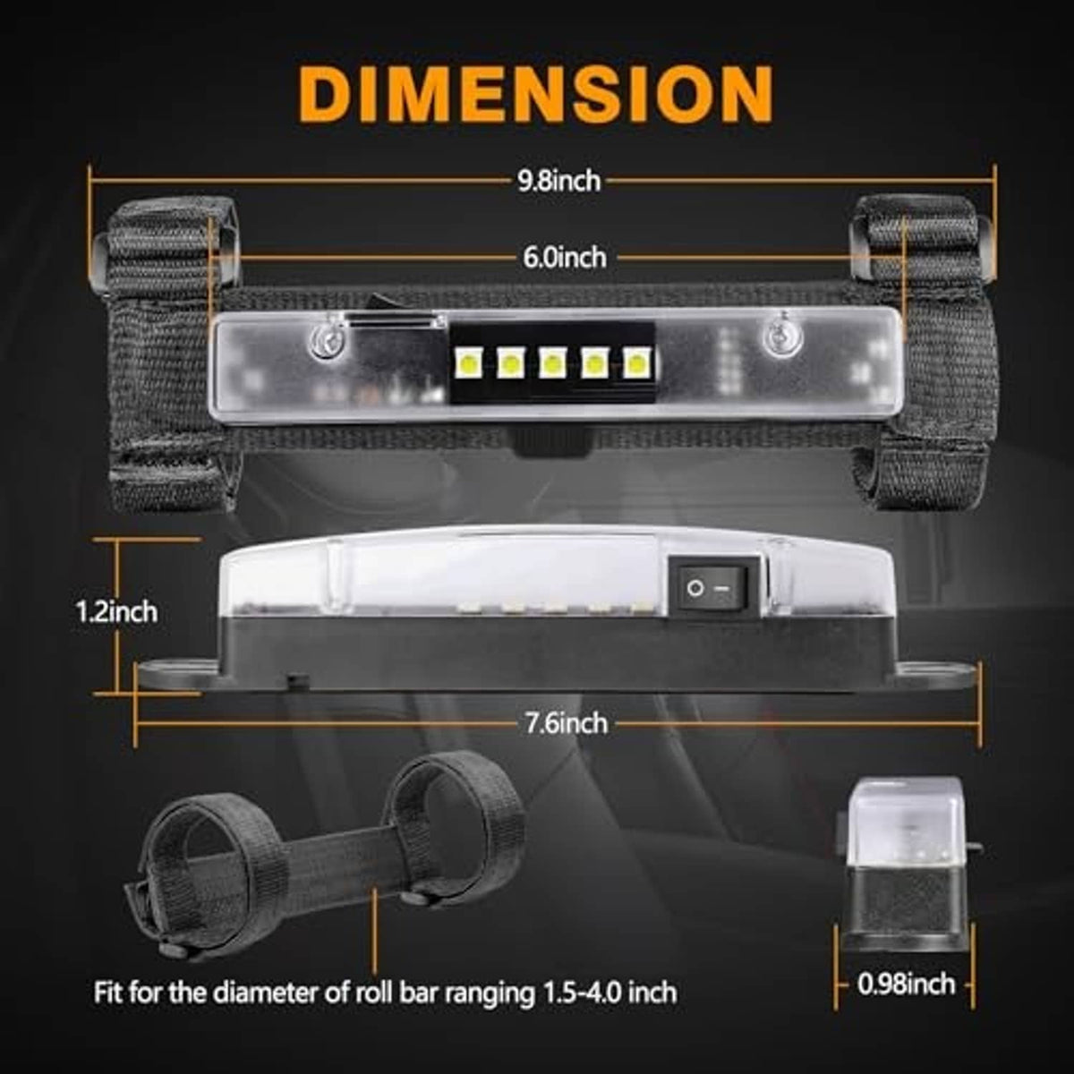 LED light bar with clear housing and adjustable roll-bar straps, shown with size markings