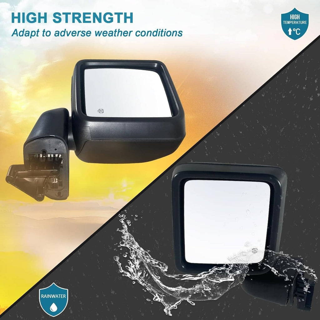 Black power heated side mirror with water spray and splash-resistant look