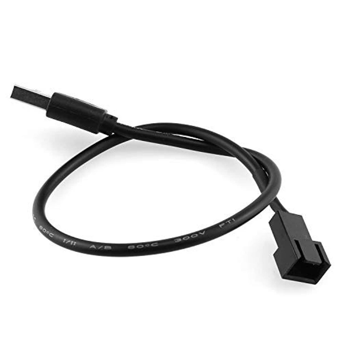 Black USB-A to 3-pin PWM fan cable with two connectors, coiled loop view