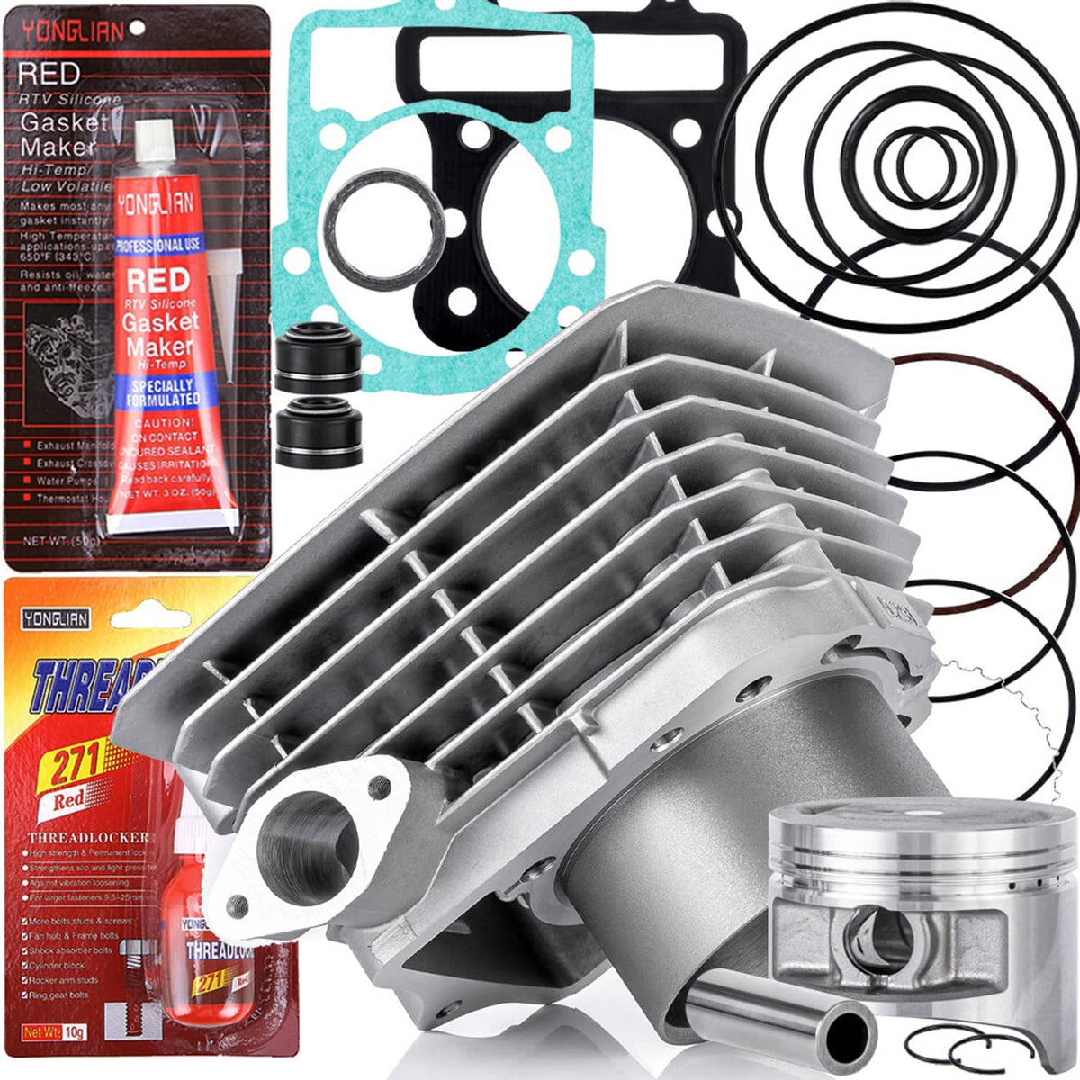 Cylinder piston top end rebuild kit with silver finned cylinder, piston, and rings