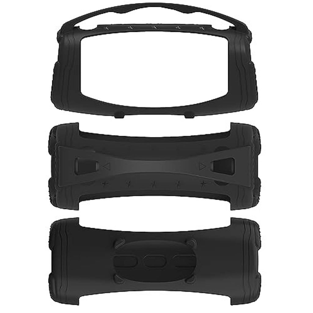 Black silicone speaker case shown open, with side ports and latching