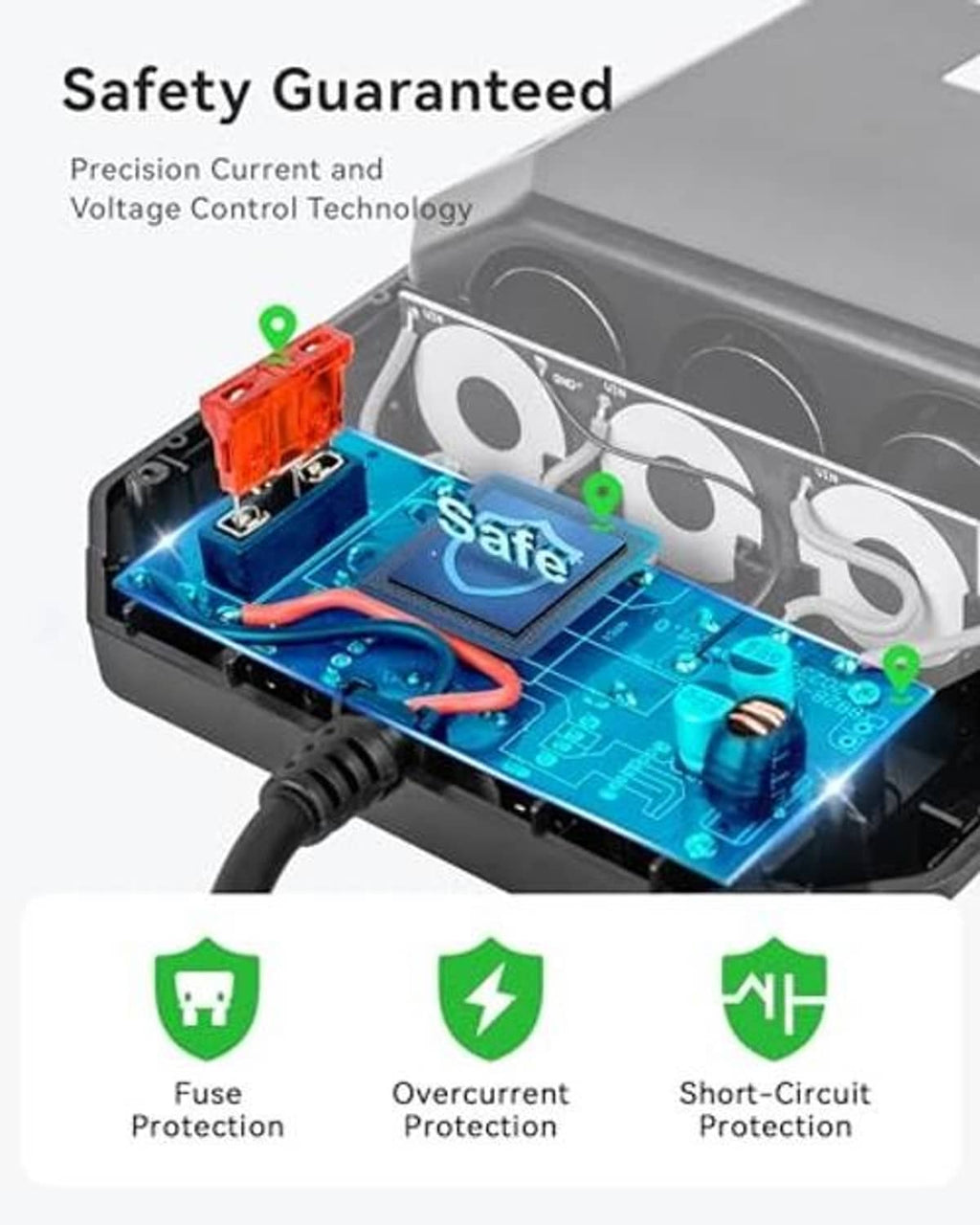 Car power splitter with open casing showing circuit board, fuse, and safety components