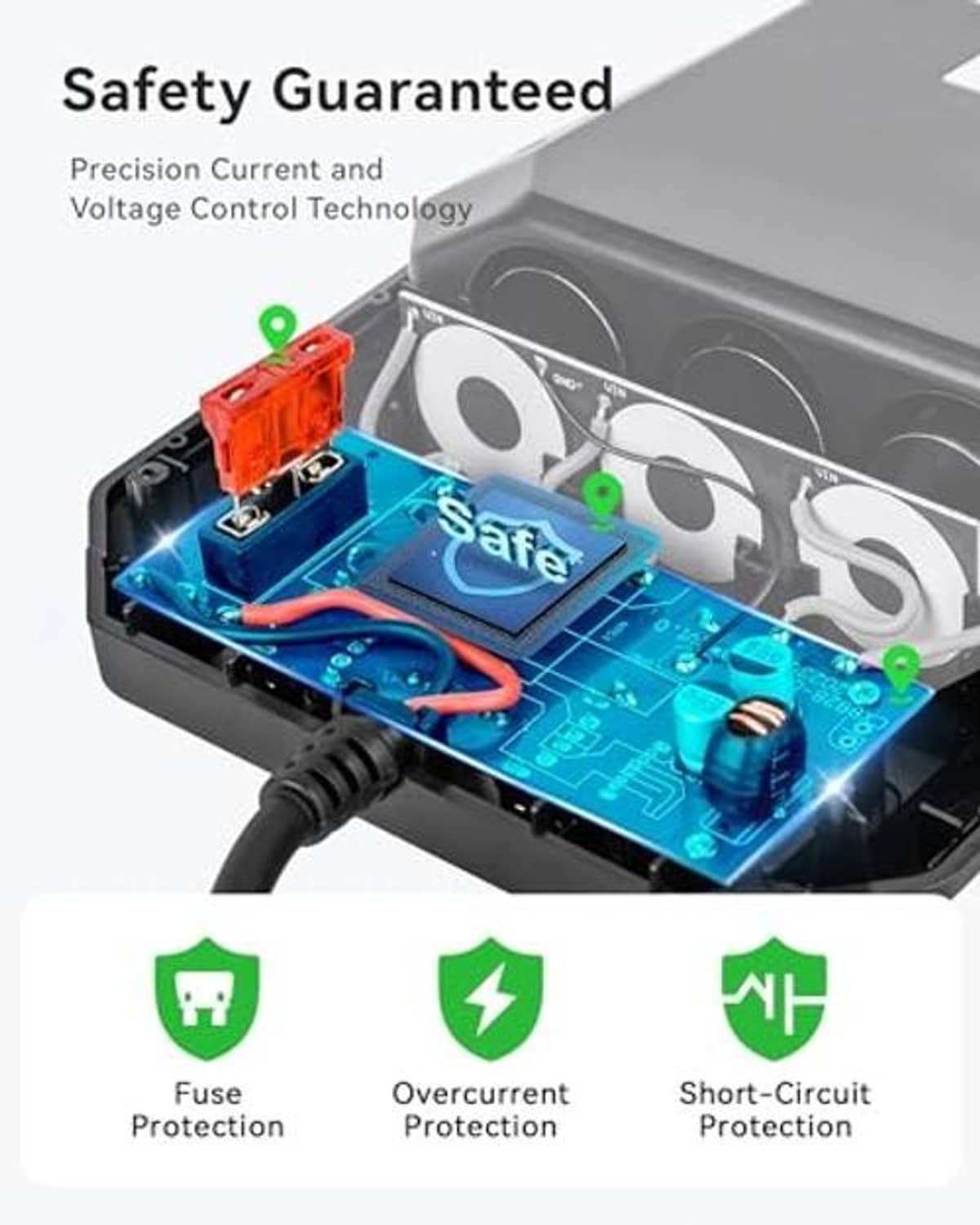 Car power splitter with open casing showing circuit board, fuse, and safety components