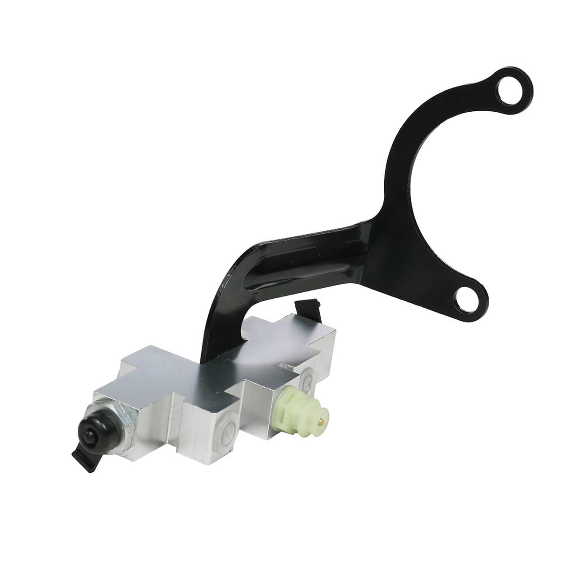Brake proportioning valve assembly with black bracket and silver housing, green plastic fitting