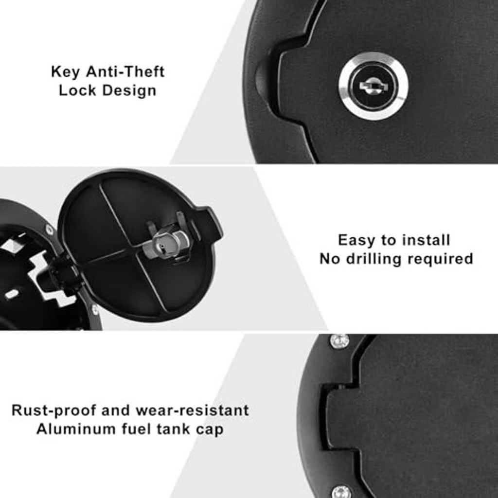 Black locking fuel filler door with key cylinder cover and aluminum cap detail