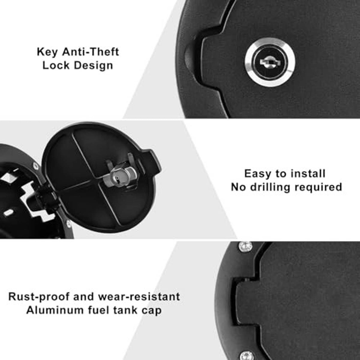 Black locking fuel filler door with key cylinder cover and aluminum cap detail