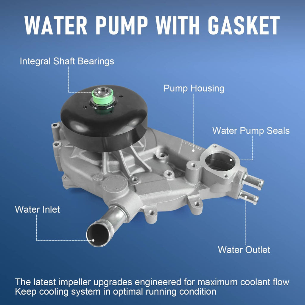 Water pump with gasket, silver housing with black cover and green-sealed bearing