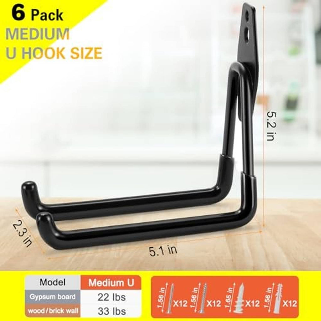 Black medium U hook with two mounting holes and curved storage arms