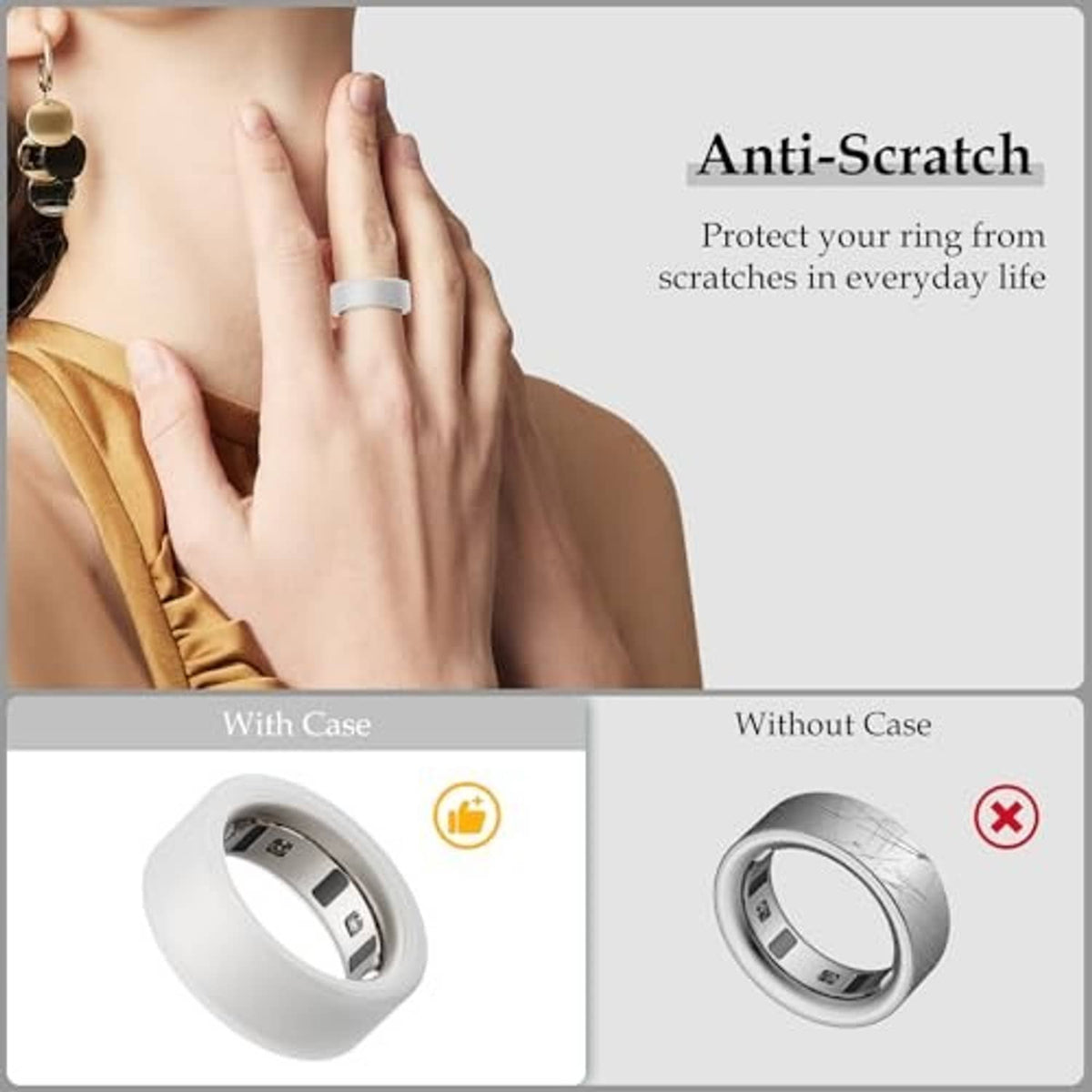 Anti-scratch silicone ring cover with included case, shown on a ring insert
