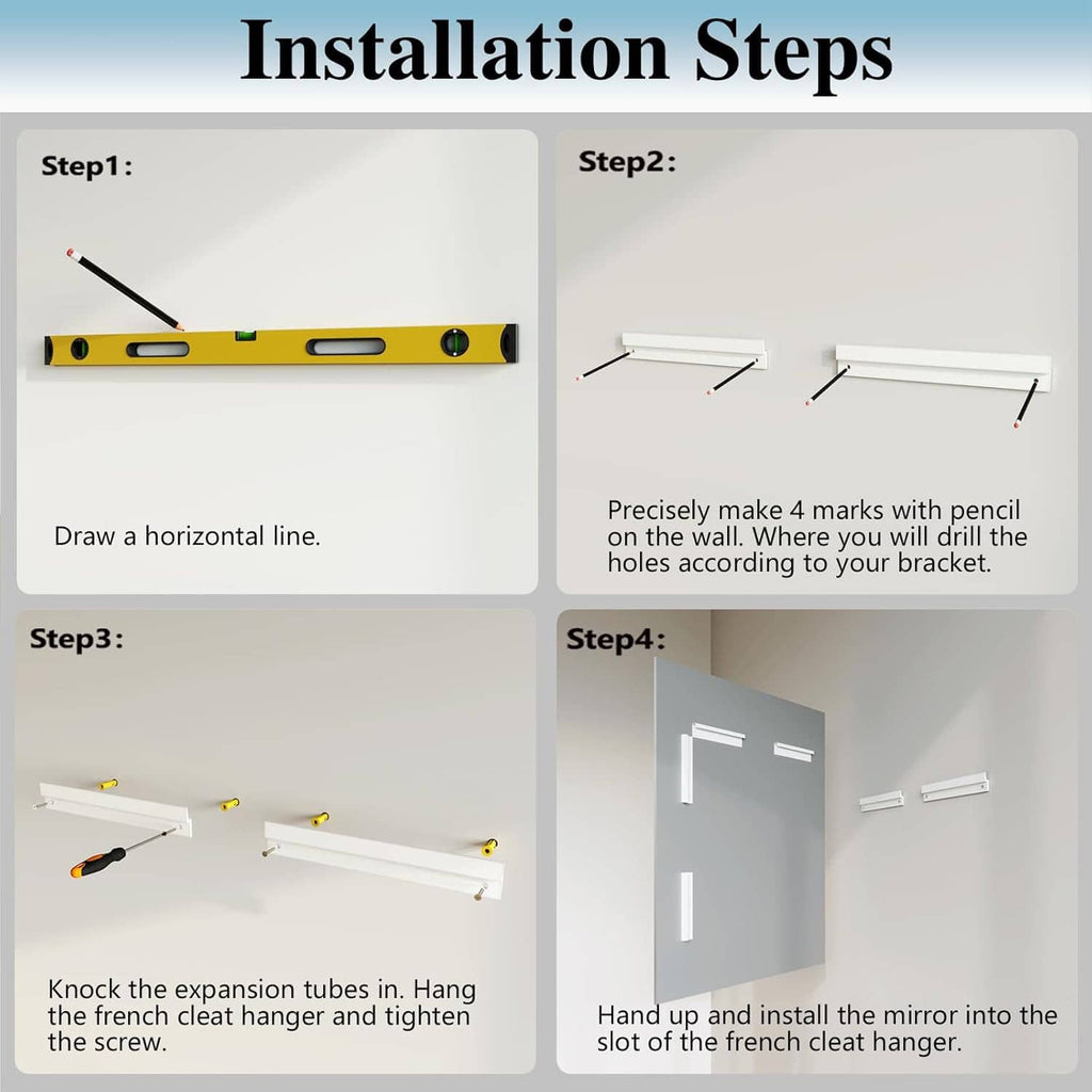 Bathroom mirror installation steps diagram showing wall mounting and hanging process