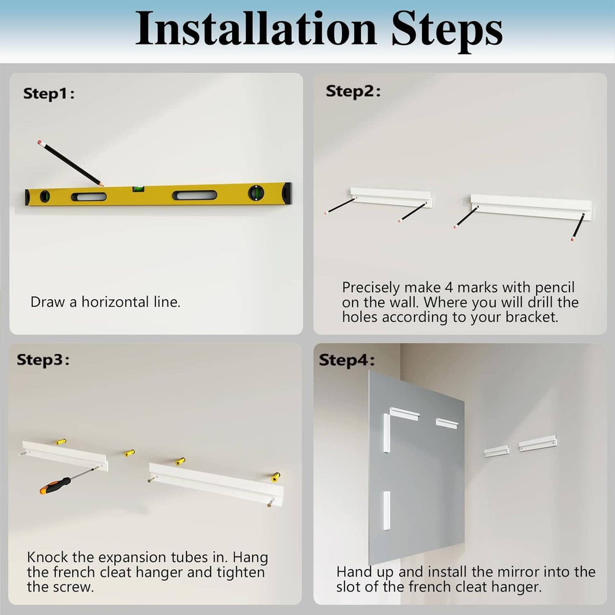 Bathroom mirror installation steps diagram showing wall mounting and hanging process