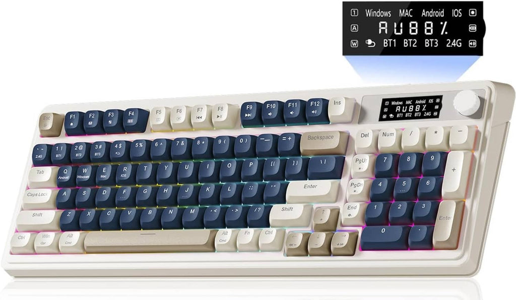 White wireless gaming keyboard with blue and pink RGB backlit keys and a media knob
