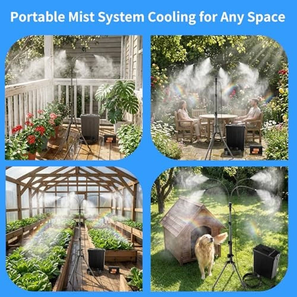 Portable outdoor mist cooling system with standing mist stand and 4-gallon bucket