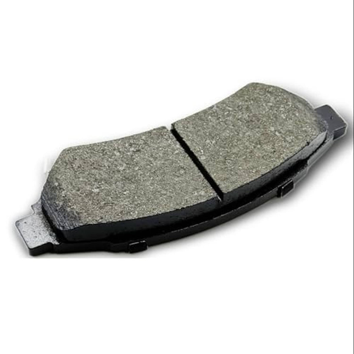 Ceramic brake pad with gray friction surface and black backing, front angle view.