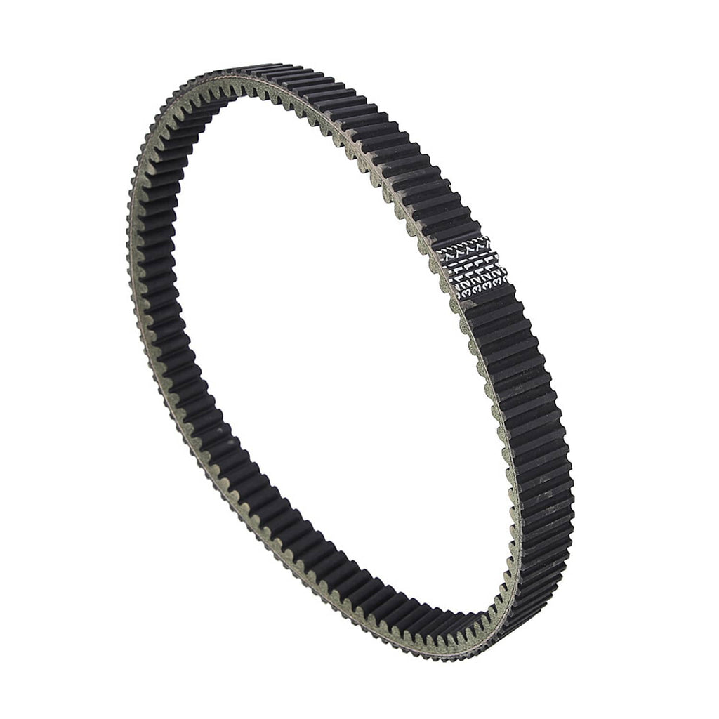 Drive belt with black ribbed face and gray traction underside, angled view