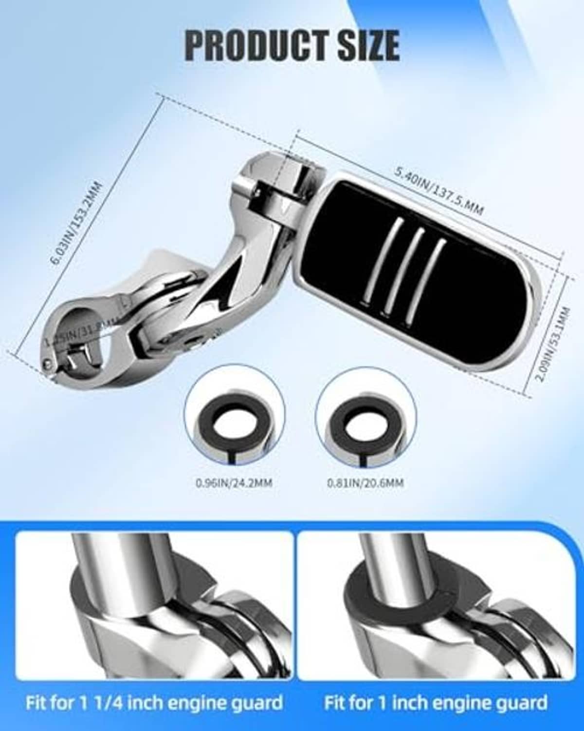 Adjustable folding motorcycle footpegs with black anti-slip pads, shown with size details