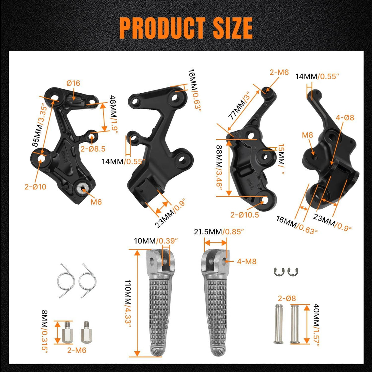 Black front foot peg bracket set with sizing diagram, includes pins and mounting hardware