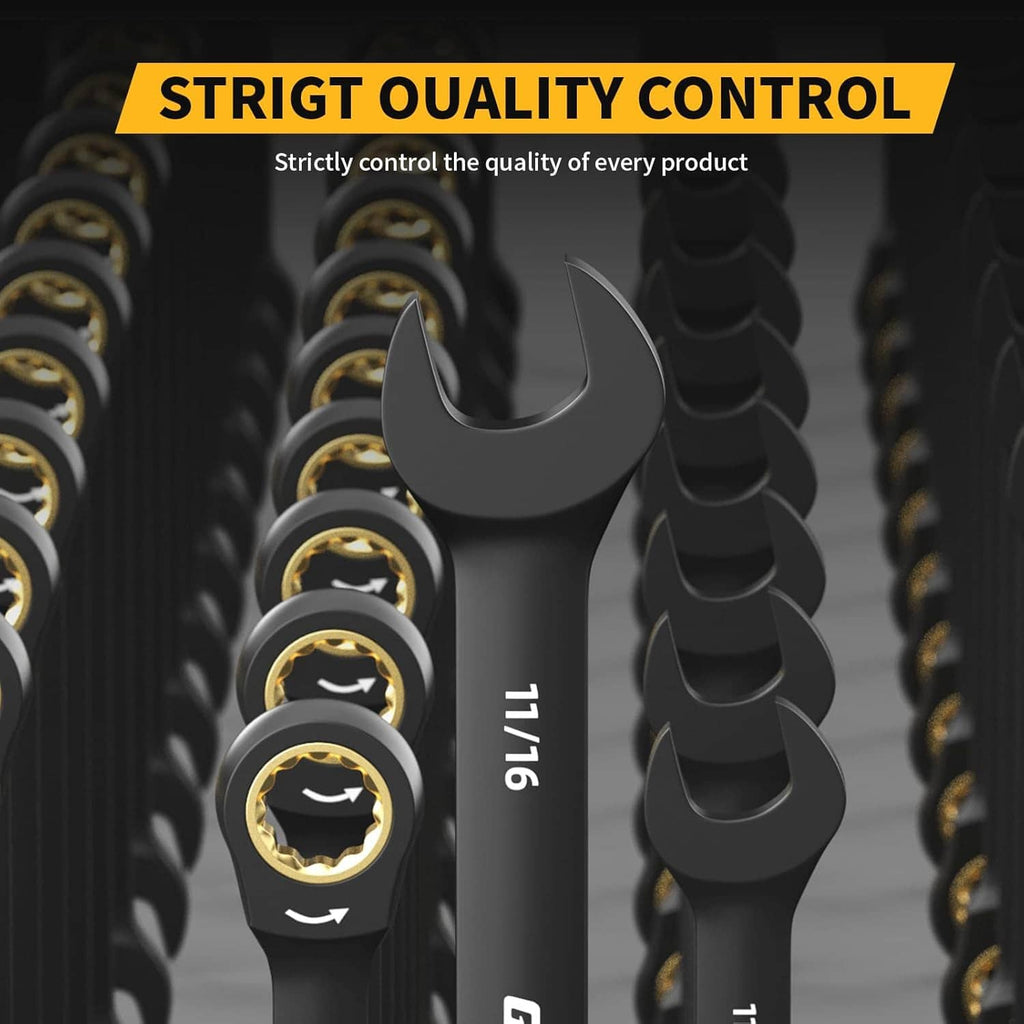 Ratcheting combination wrench heads in a row, black bodies with gold socket rings