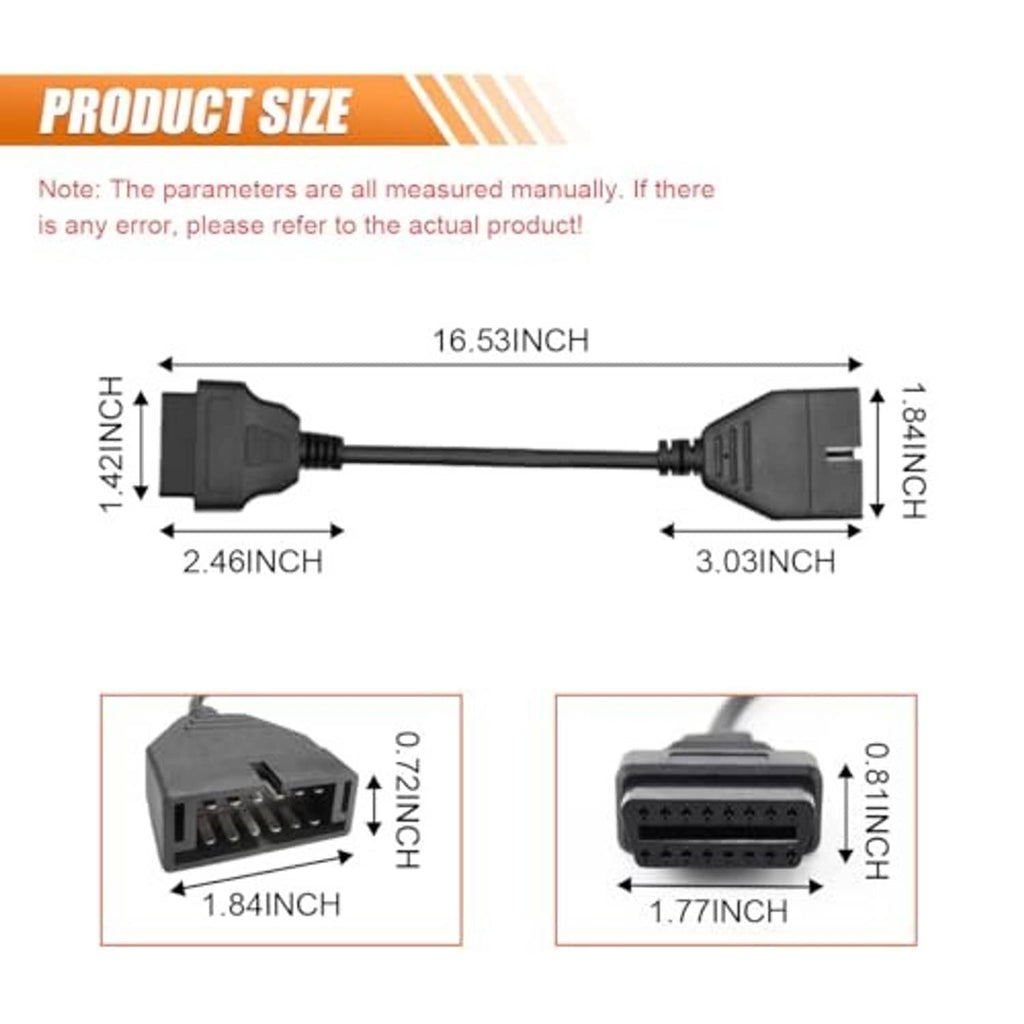 OBD1 to OBD2 adapter cable with connector ends, length and pin-size diagram