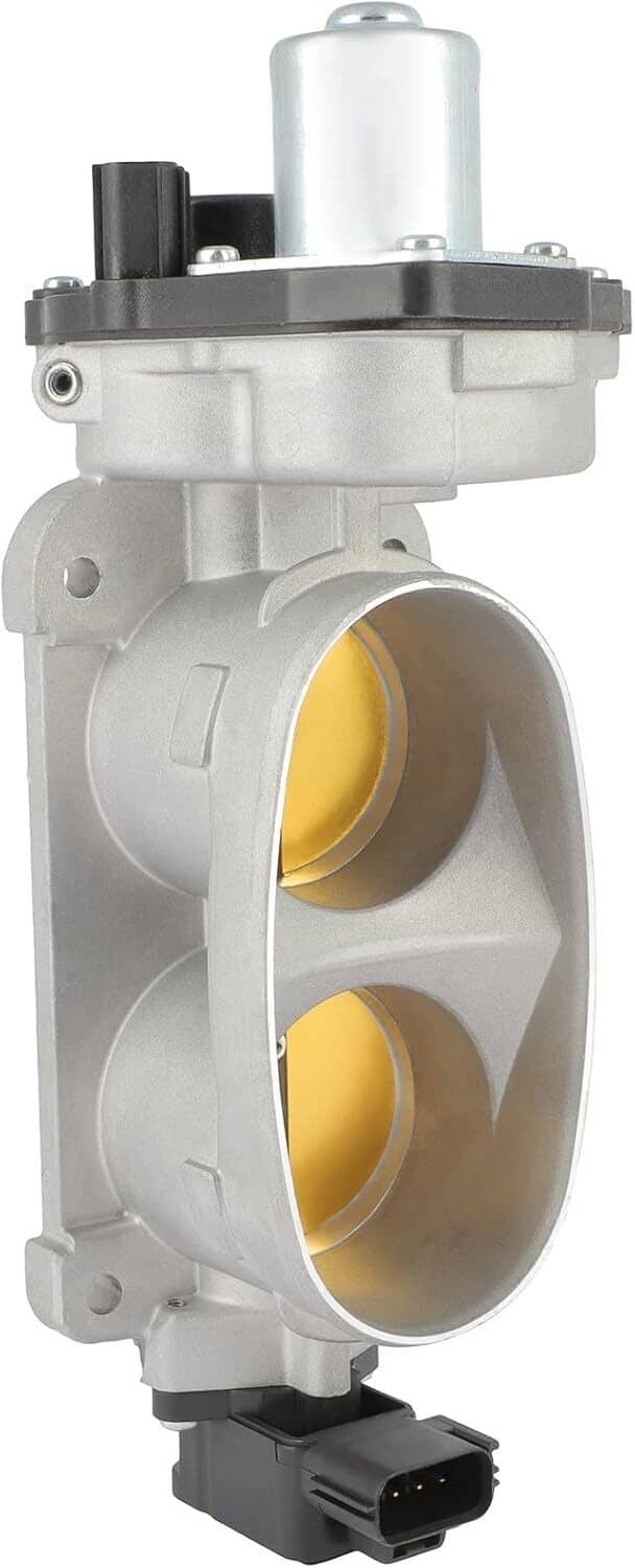 Throttle body three-quarter view with dual golden bores and silver cast body, side ports.