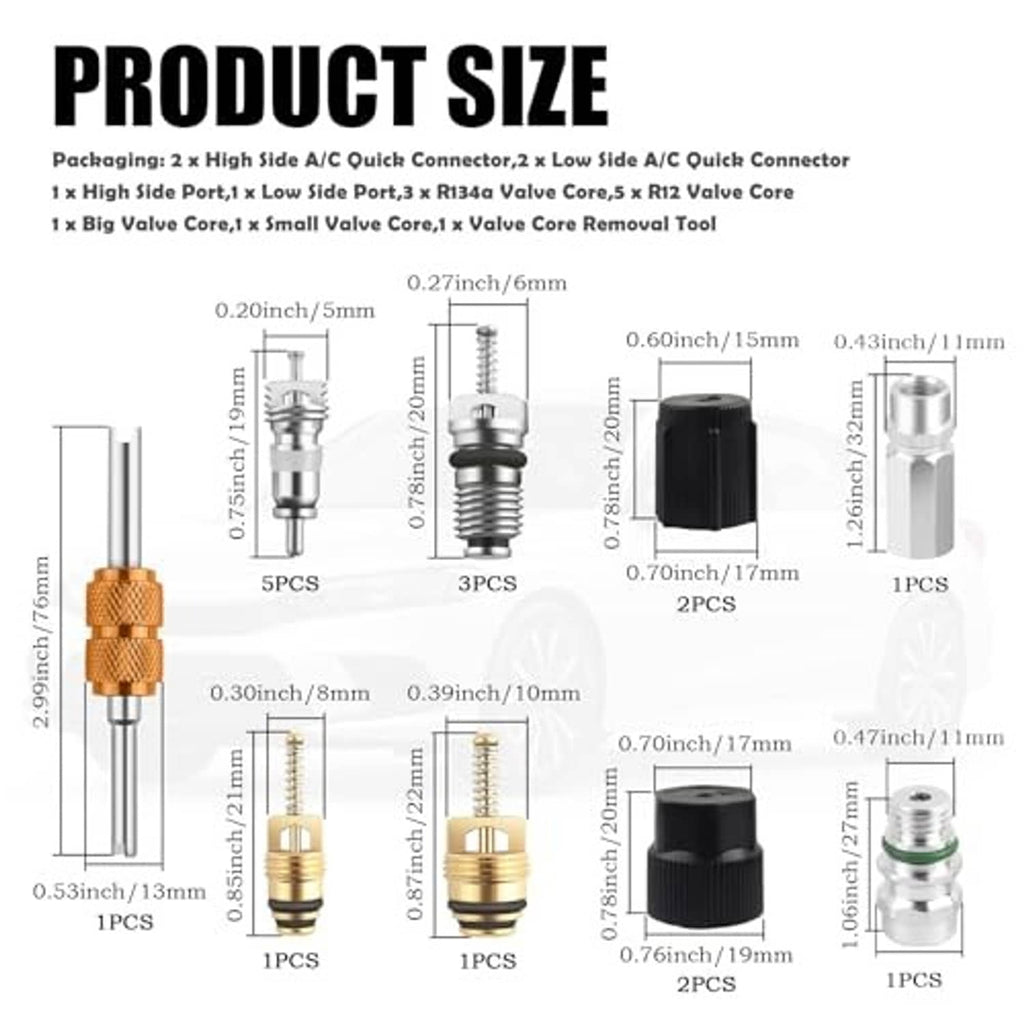 AC valve core kit size chart with multiple valve core and tool measurements