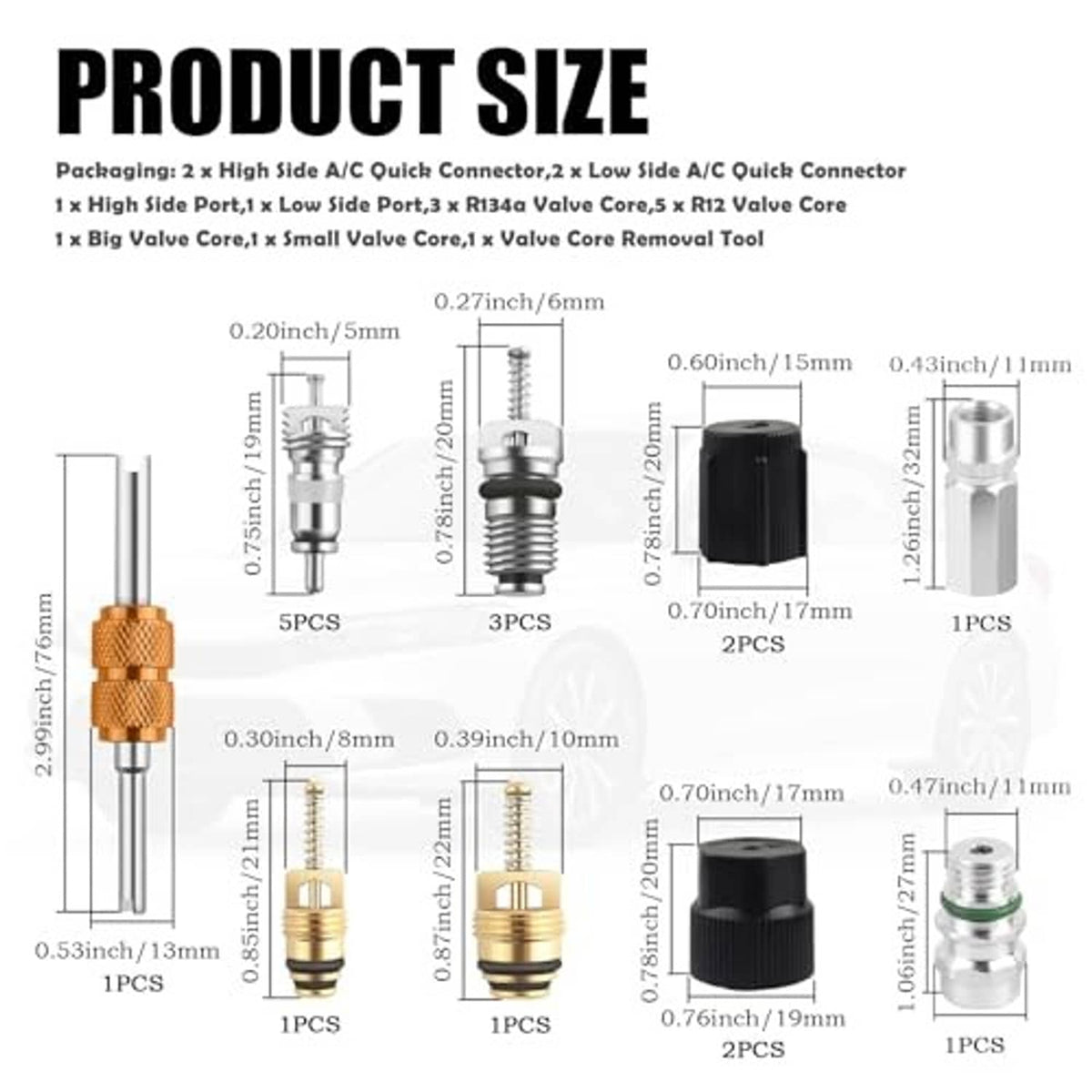AC valve core kit size chart with multiple valve core and tool measurements
