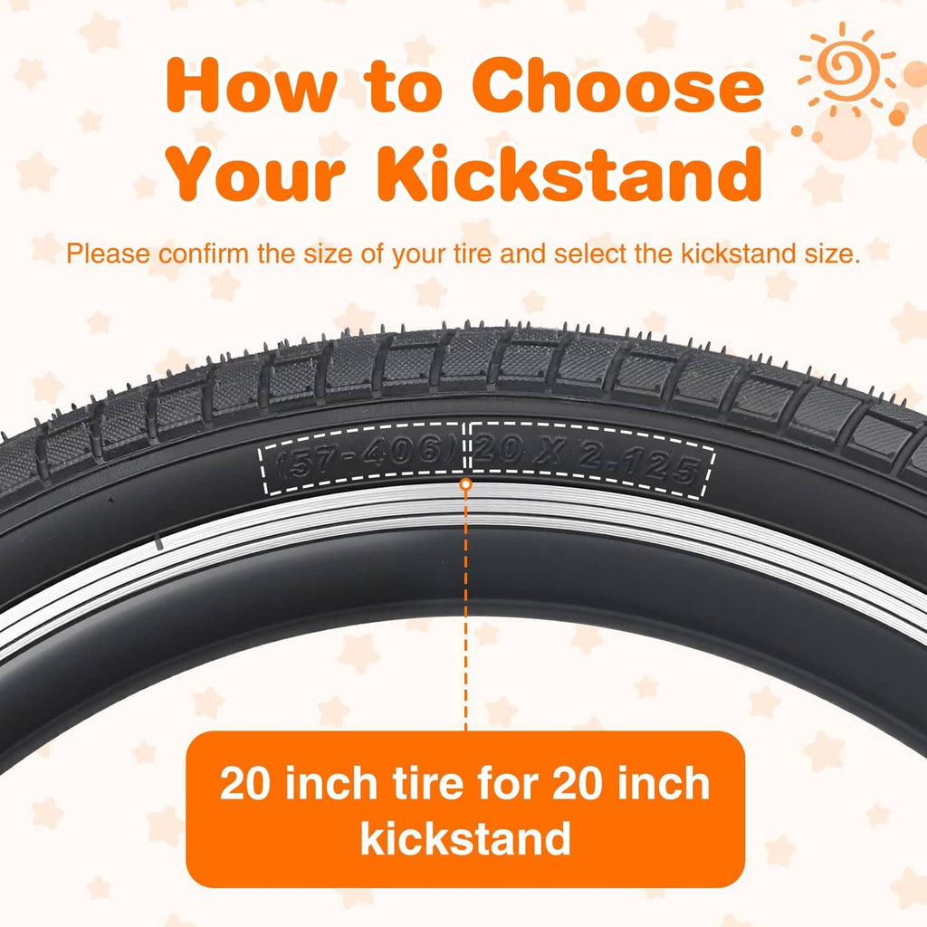 Black 20-inch bike tire tread with fit reference for matching kickstand size