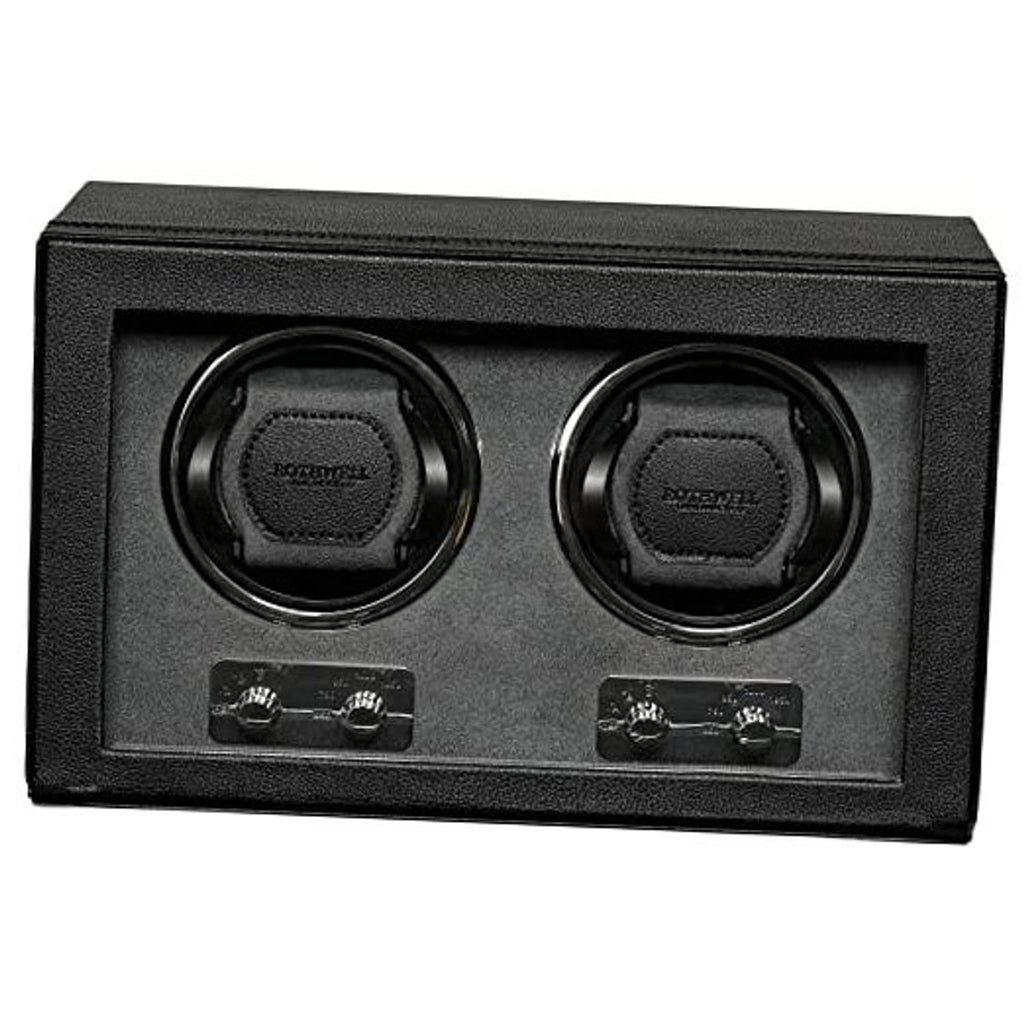 Black double watch winder with two round holders and two control panels, closed case