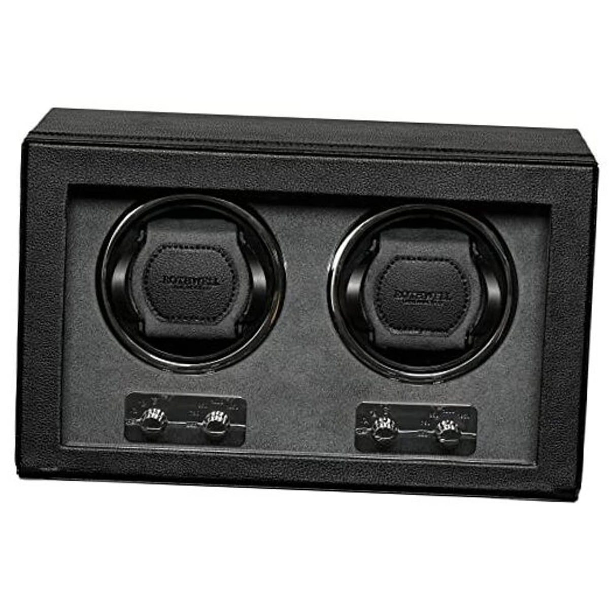 Black double watch winder with two round holders and two control panels, closed case