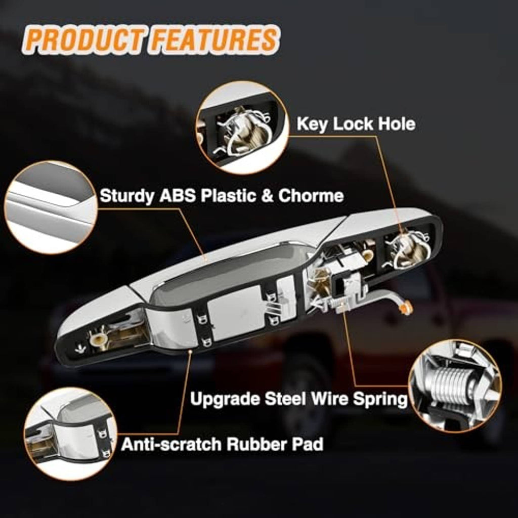 Exterior chrome door handle features: key lock hole and anti-scratch rubber pad
