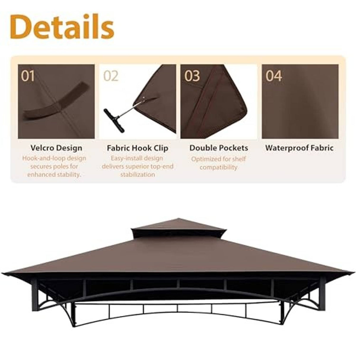 Brown canopy top details: Velcro seam, fabric hook clips, double pockets, waterproof fabric