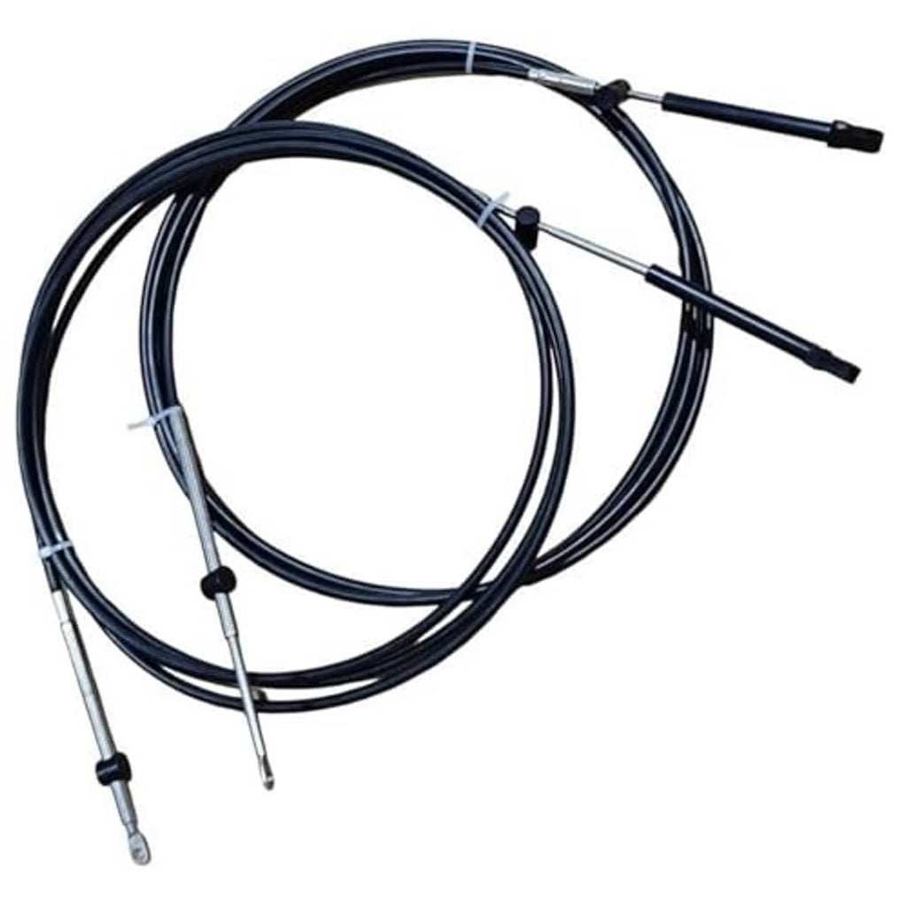 Boat throttle and shift control cables, black jacketed lines with two silver rod end fittings