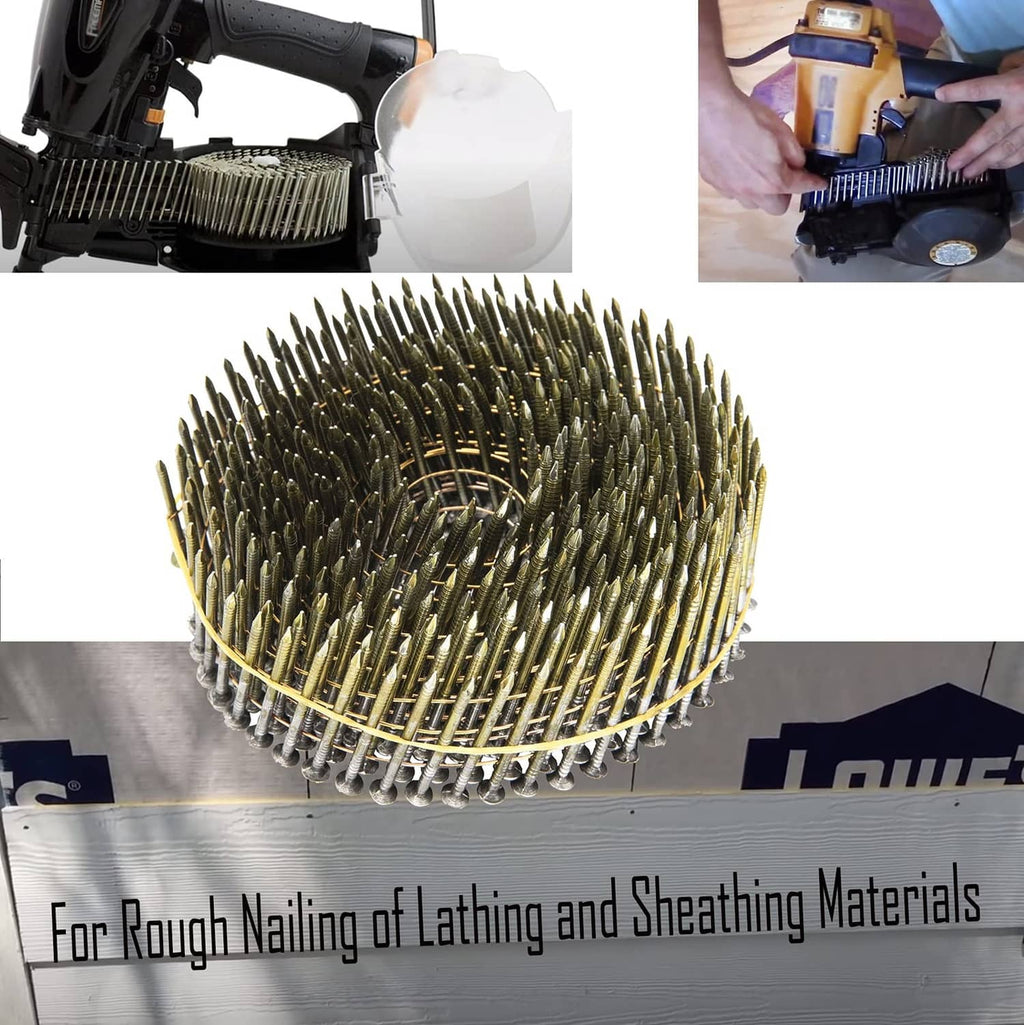 Collated siding nails loaded into a power nailer magazine, galvanized wire coil nails