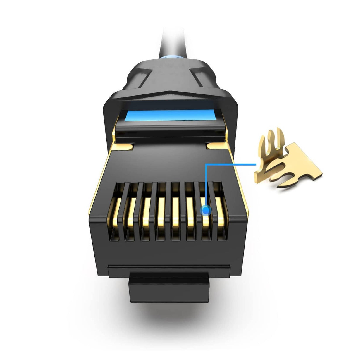 Cat 6 RJ45 extension cable plug with gold-plated contacts and blue lock tab