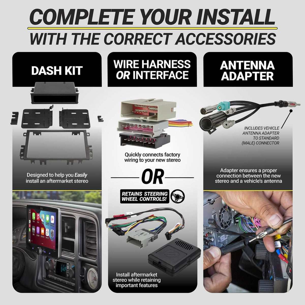Installer accessories diagram: dash kit, wire harness, and antenna adapter