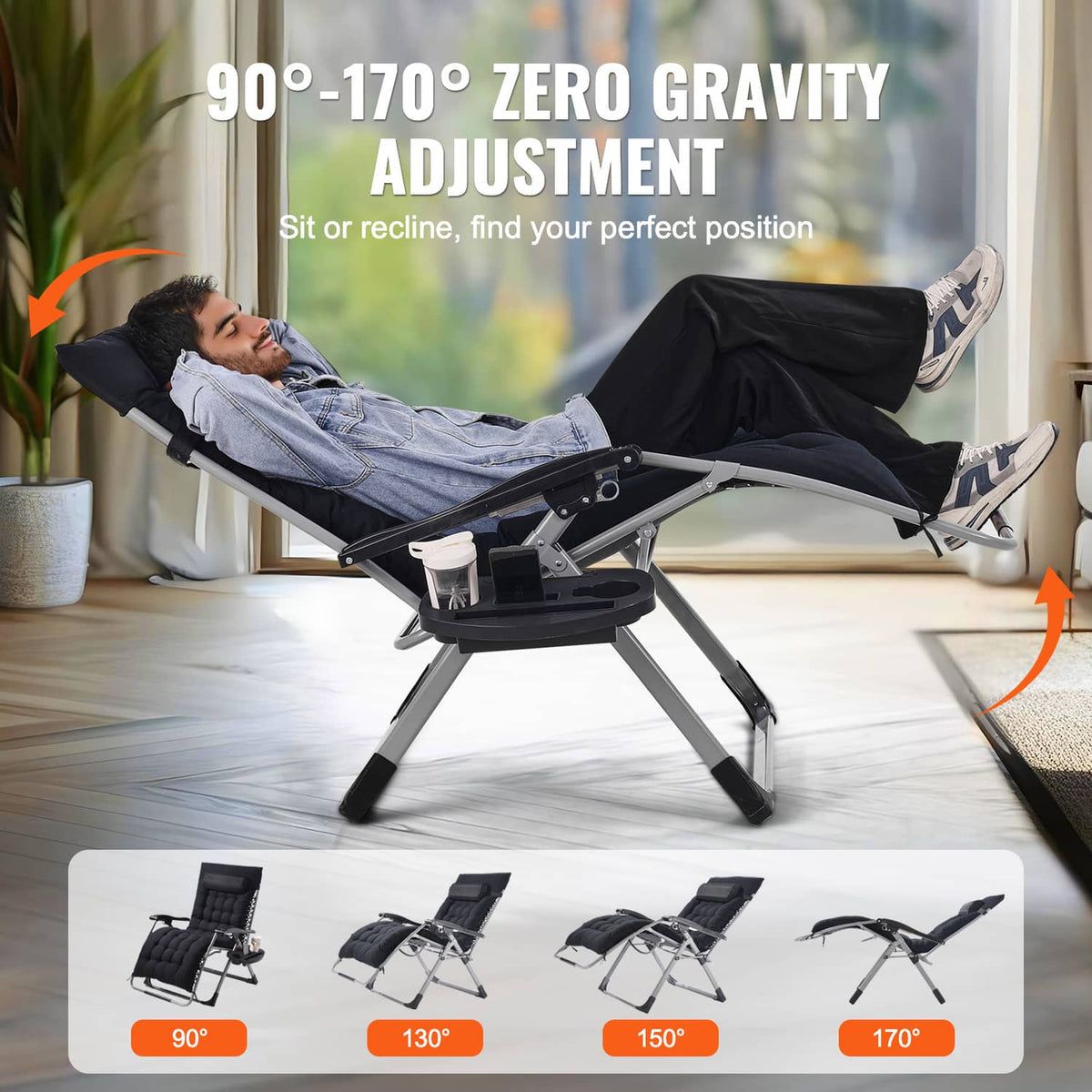 Black zero-gravity recliner lounge chair with adjustable back and padded footrest.