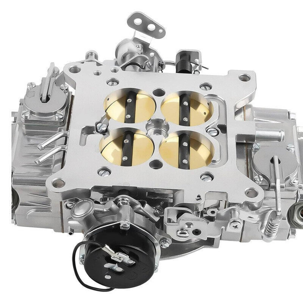 4-barrel carburetor assembly with four bores, gold throttle plates, and electric choke