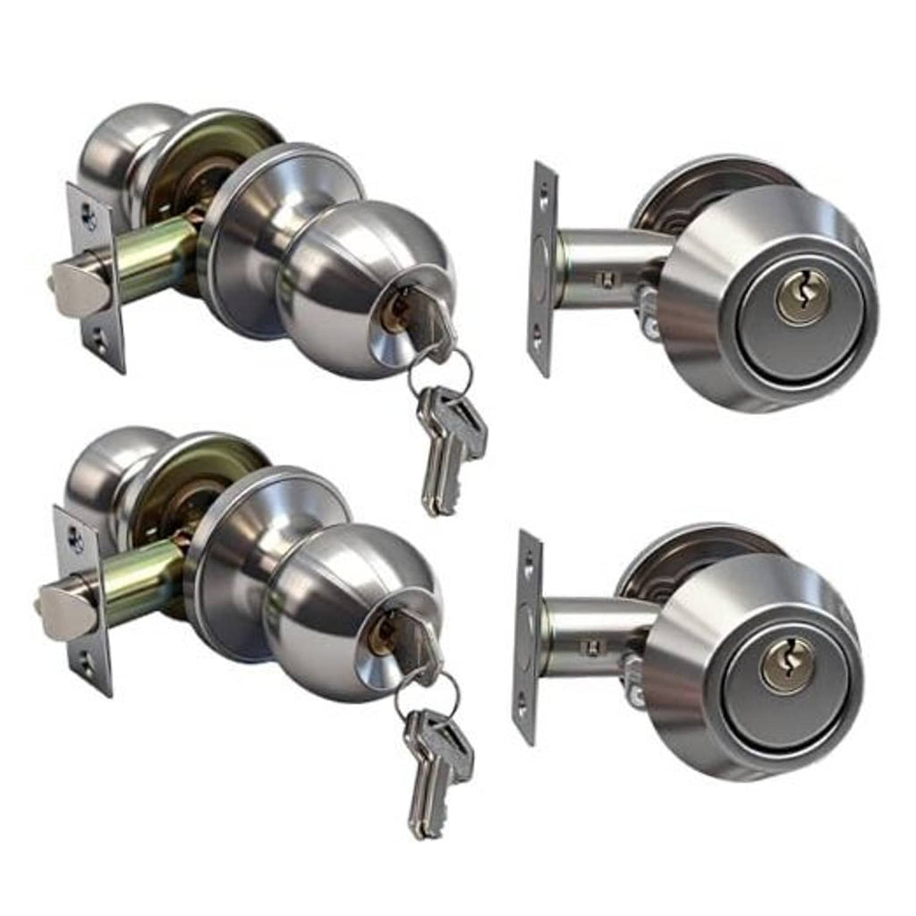 Silver single-cylinder deadbolt and round door knob set, two-piece keyed alike
