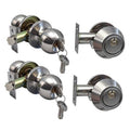 Silver single-cylinder deadbolt and round door knob set, two-piece keyed alike