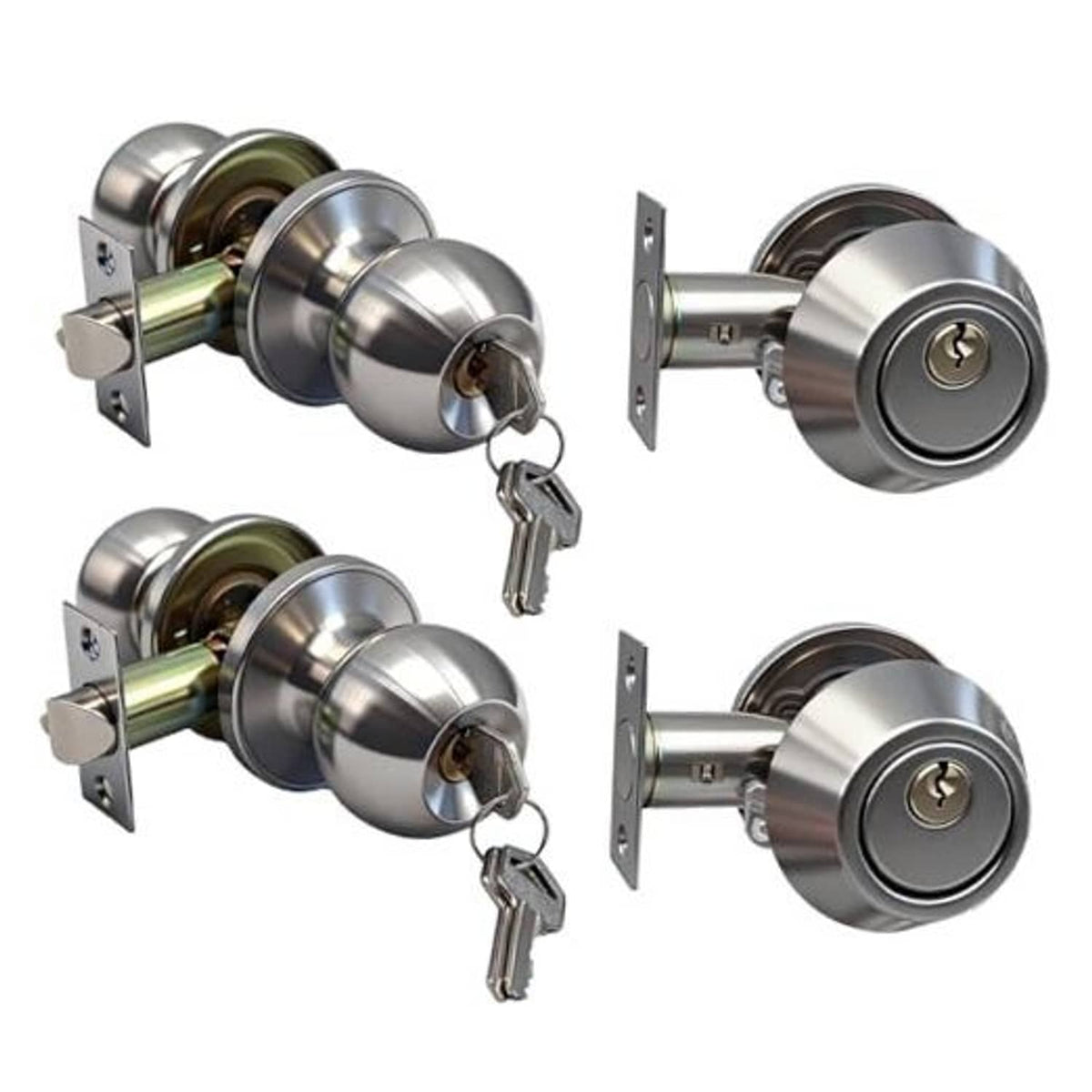 Silver single-cylinder deadbolt and round door knob set, two-piece keyed alike