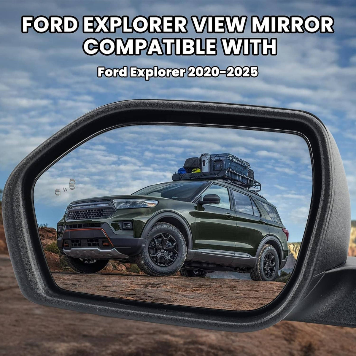 Driver side heated view mirror with wide glass, black housing
