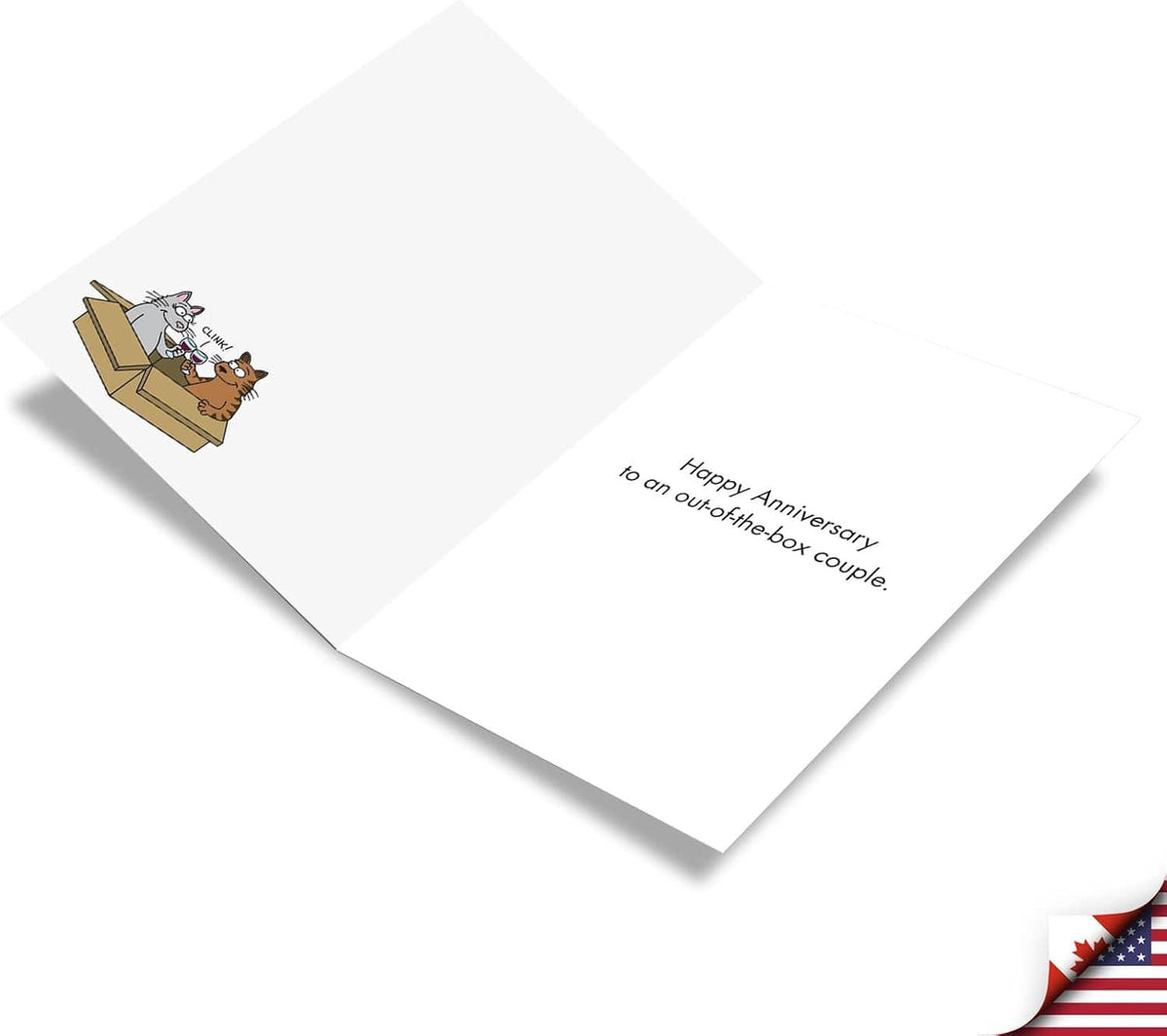 Back of anniversary note card on white envelope, small cartoon illustration and greeting text