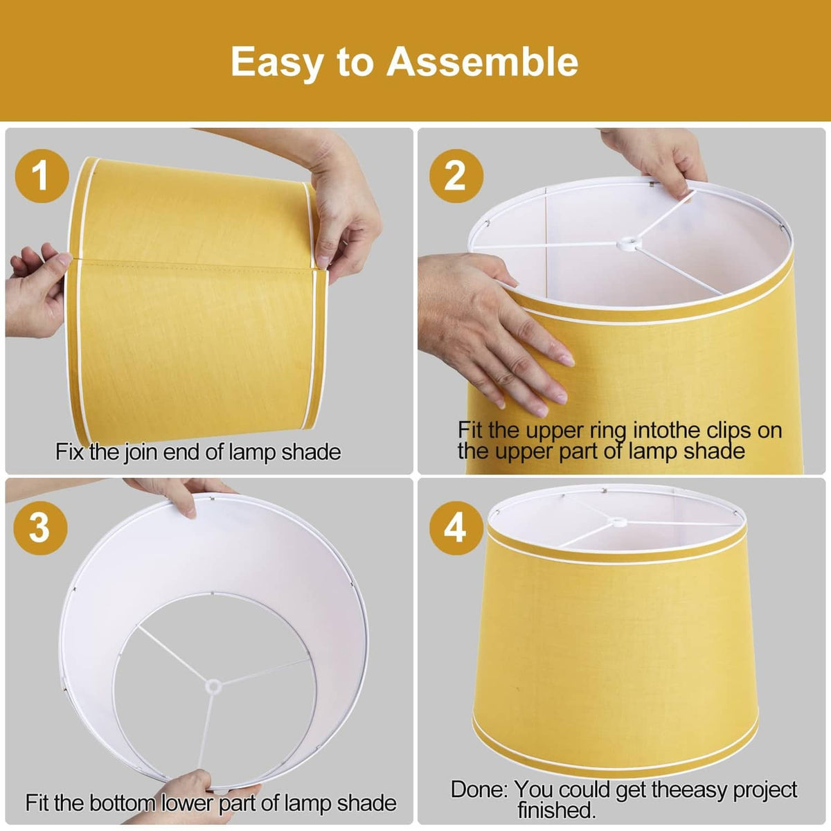 Yellow drum lamp shade with white trim and clip-on mounting ring for assembly