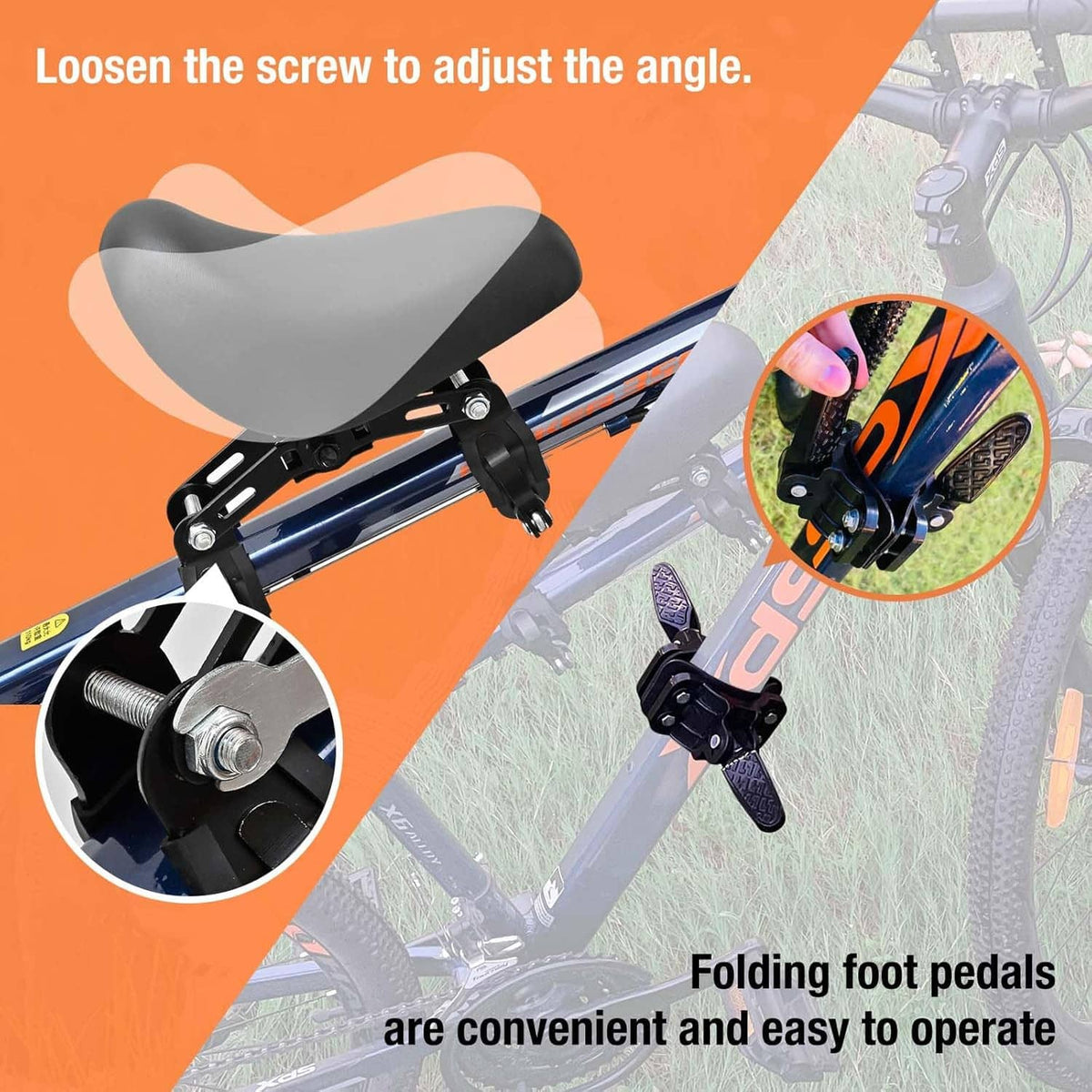 Front-mounted bike seat with black saddle and clamp attachment plus folding foot pedals