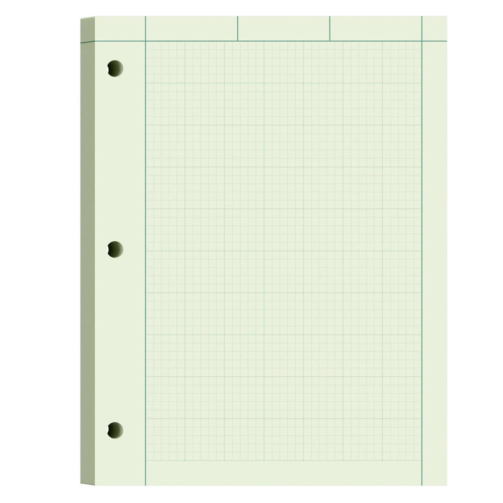 Green engineering graph paper sheet with fine grid lines and perforated corner holes