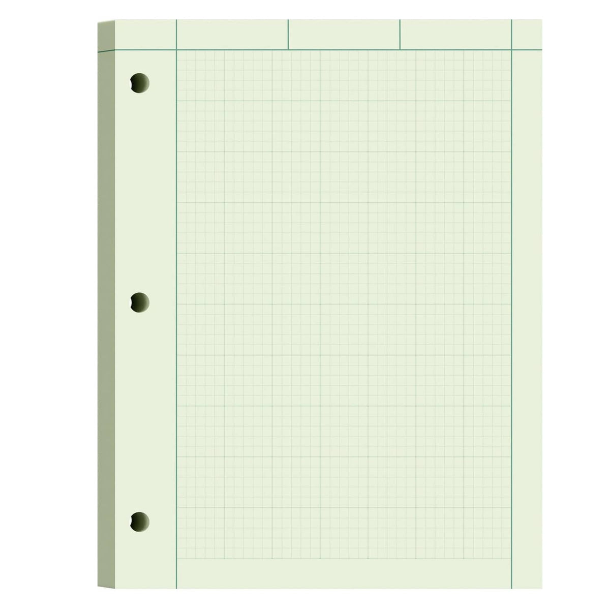 Green engineering graph paper sheet with fine grid lines and perforated corner holes
