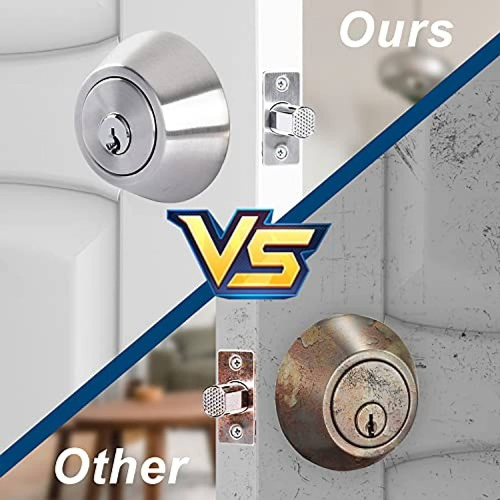 Stainless steel deadbolt installed on door with exterior knob and strike plate