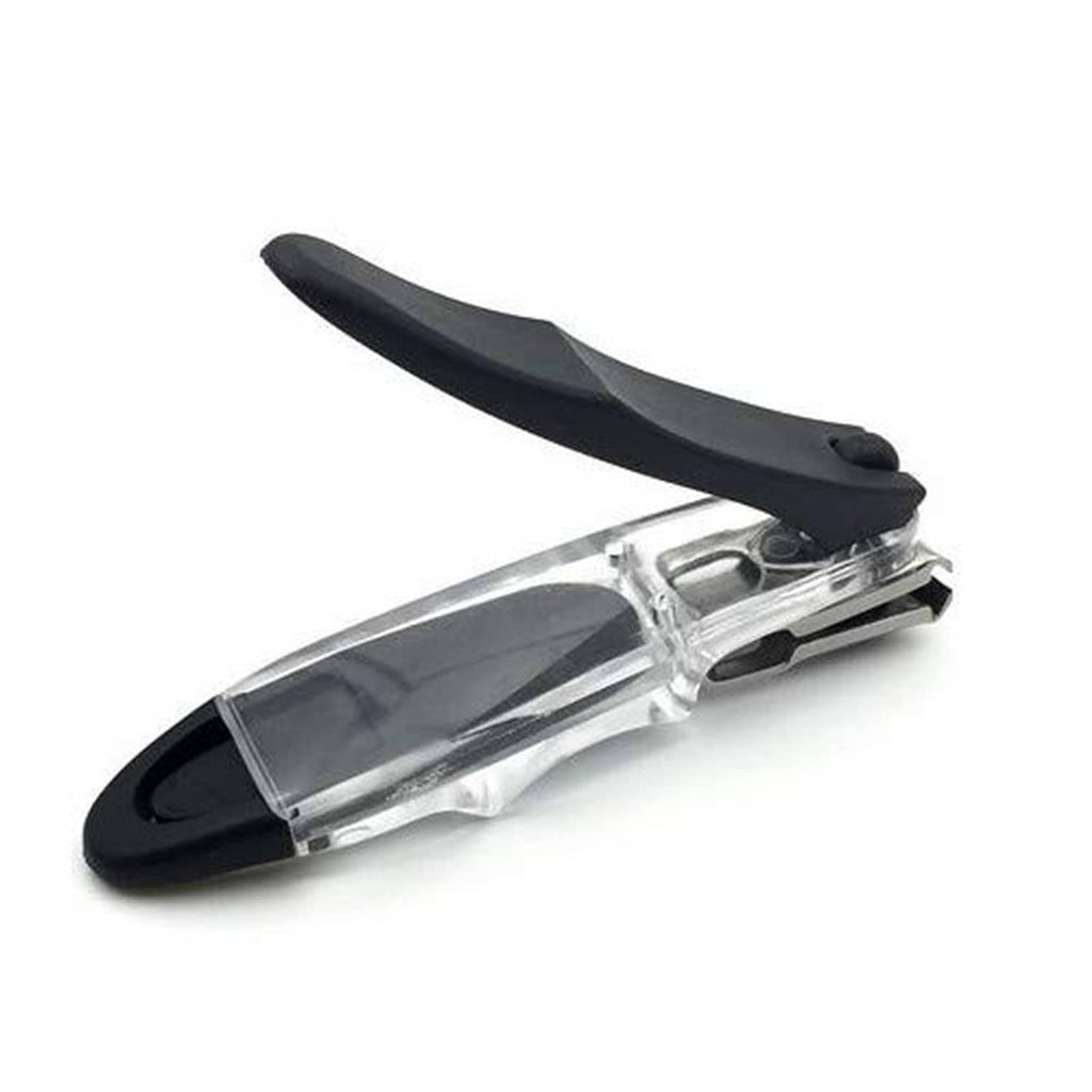 Nail clipper showing clear cutting section with black handle, tilted view