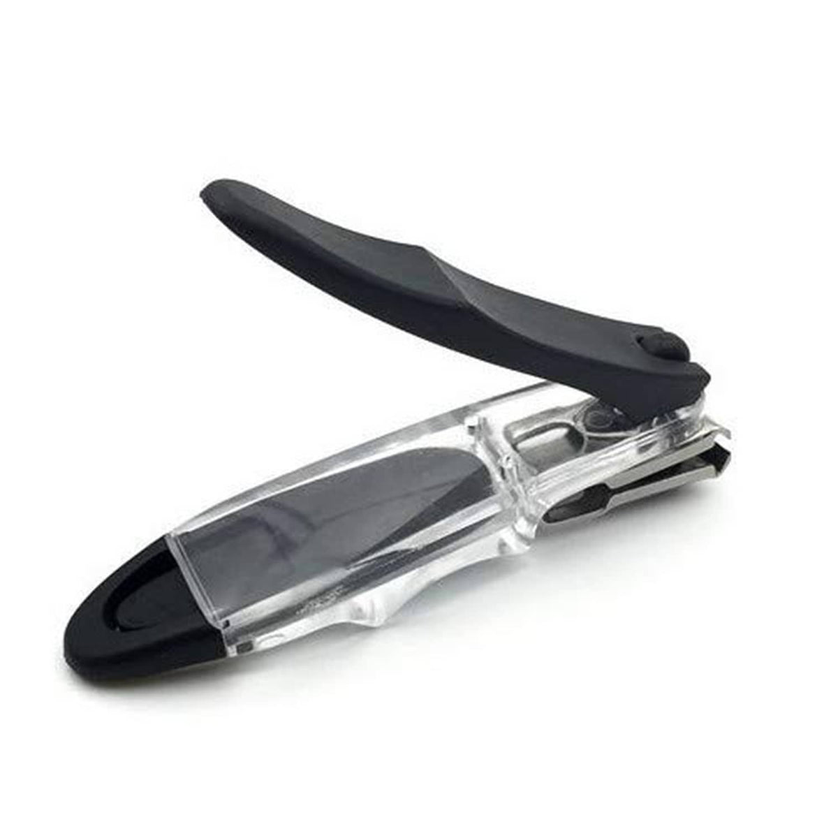 Nail clipper showing clear cutting section with black handle, tilted view