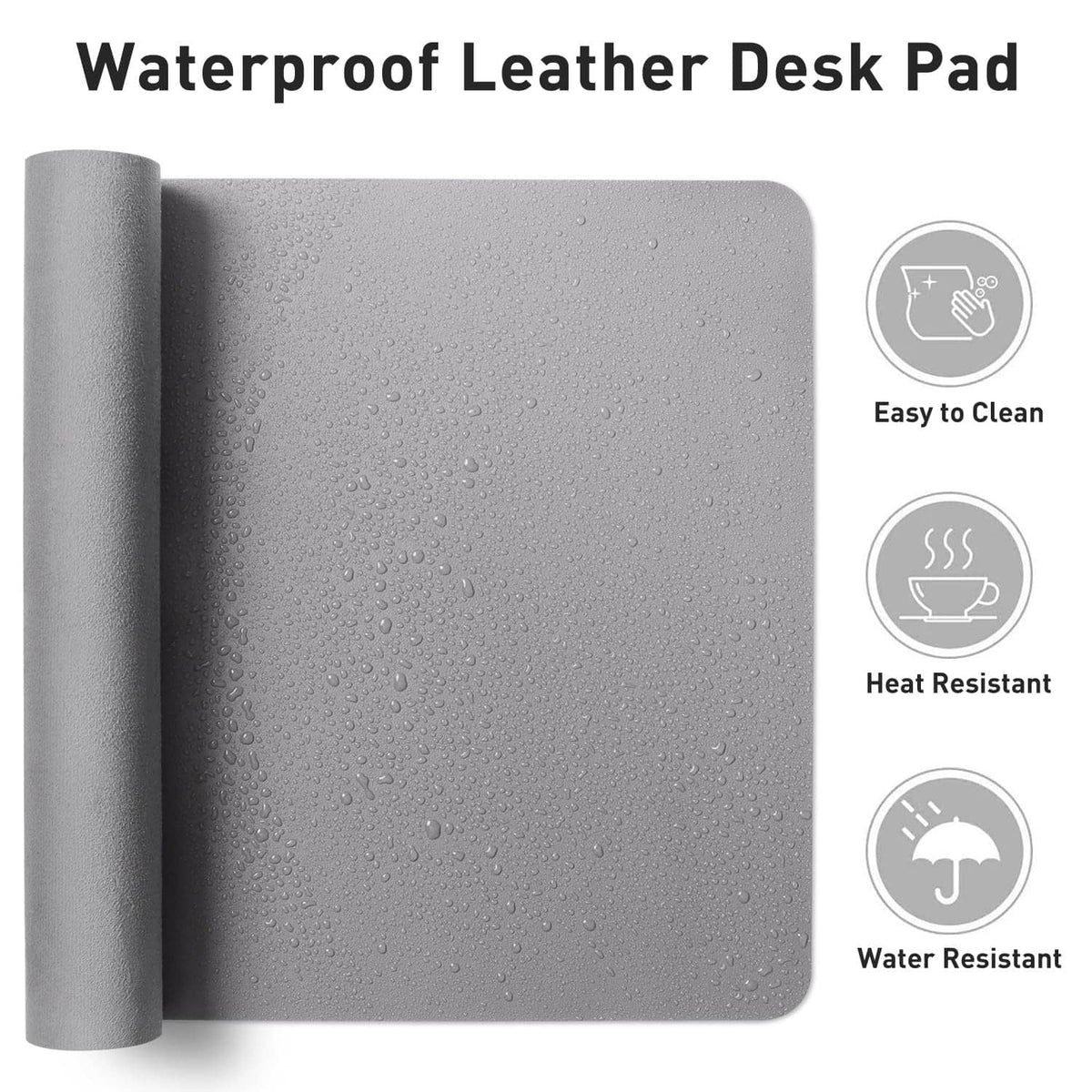 Light grey waterproof PU leather desk pad protector with rolled edge and droplets